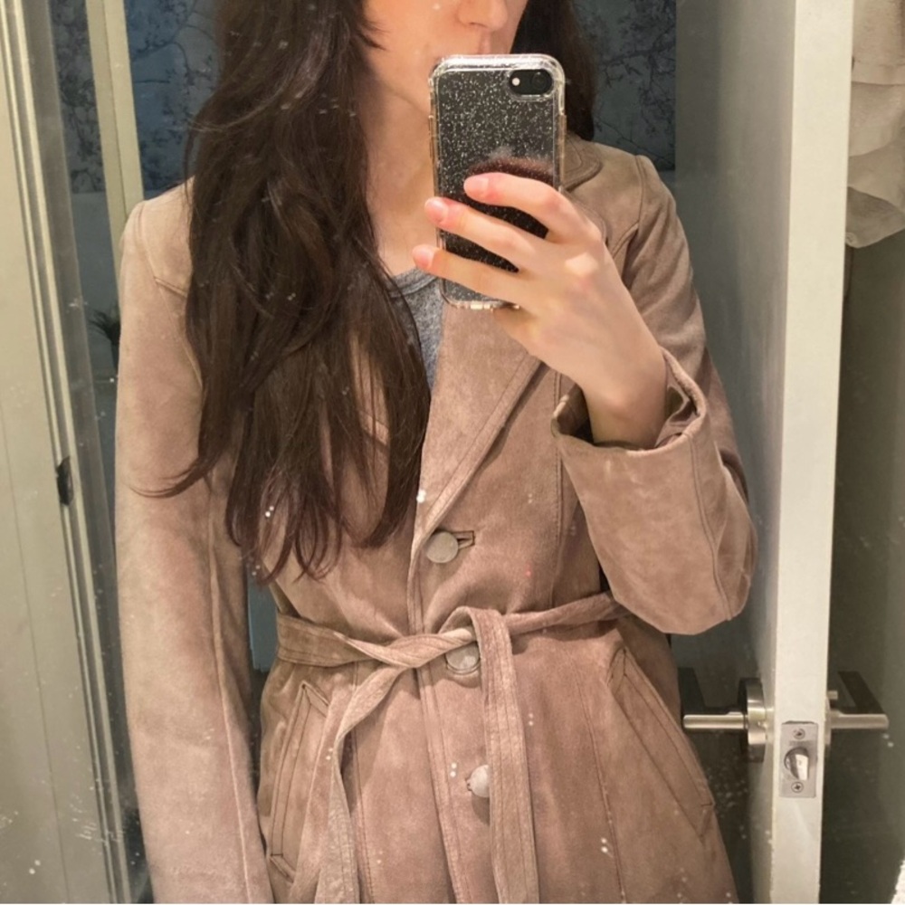 Suede Taupe Button-Front Jacket with Belt